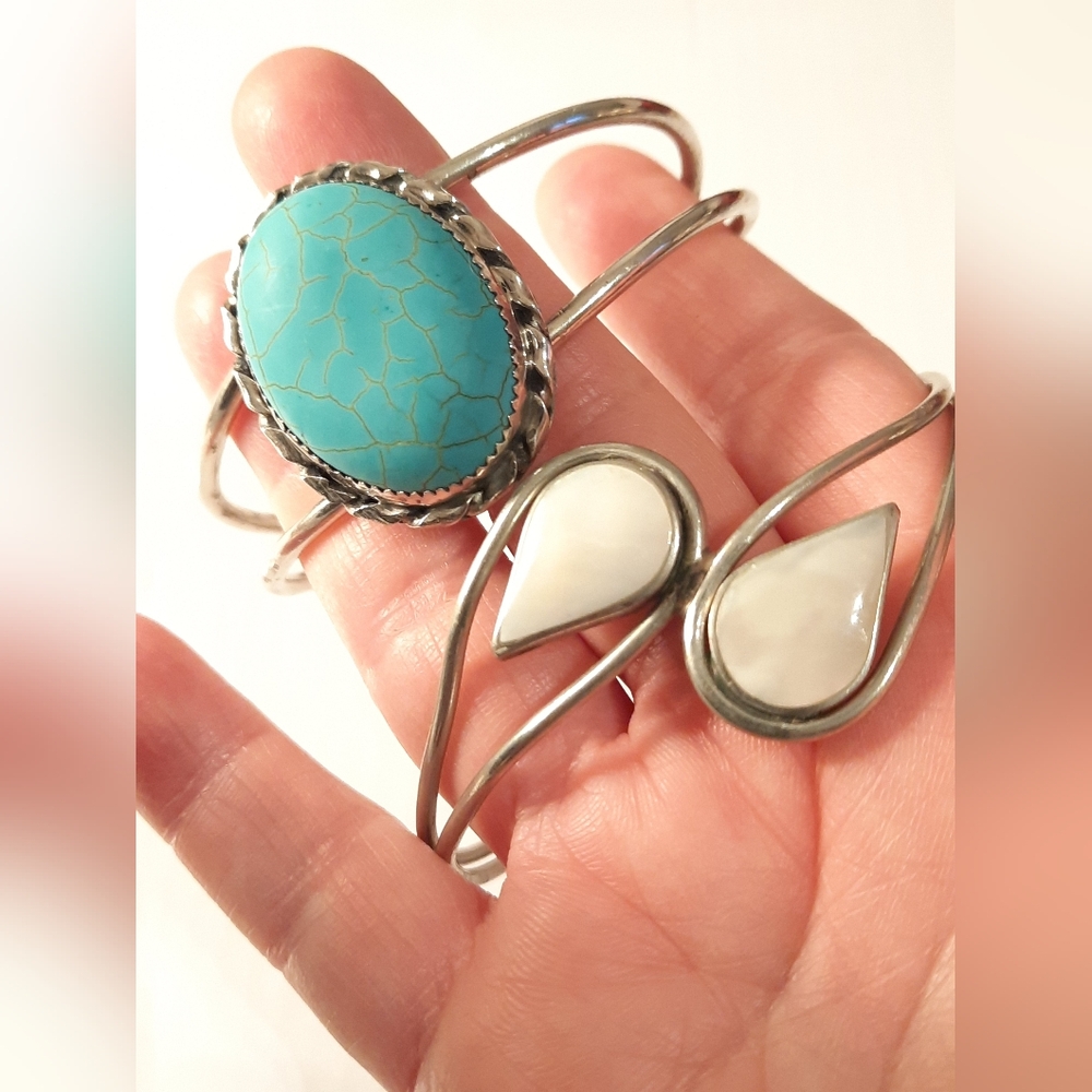 Turquoise and White Stone Silver Bracelet Set